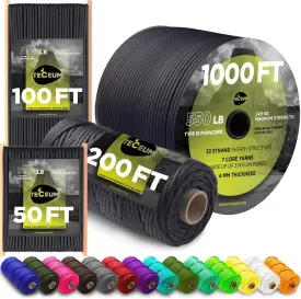 TECEUM Paracord Type III 550 Basalt  100 ft  4mm  Tactical Rope MIL-SPEC  Outdoor para Cord Camping Hiking Fishing Gear and Equipment  EDC Parachute Cord  Strong Survival Rope