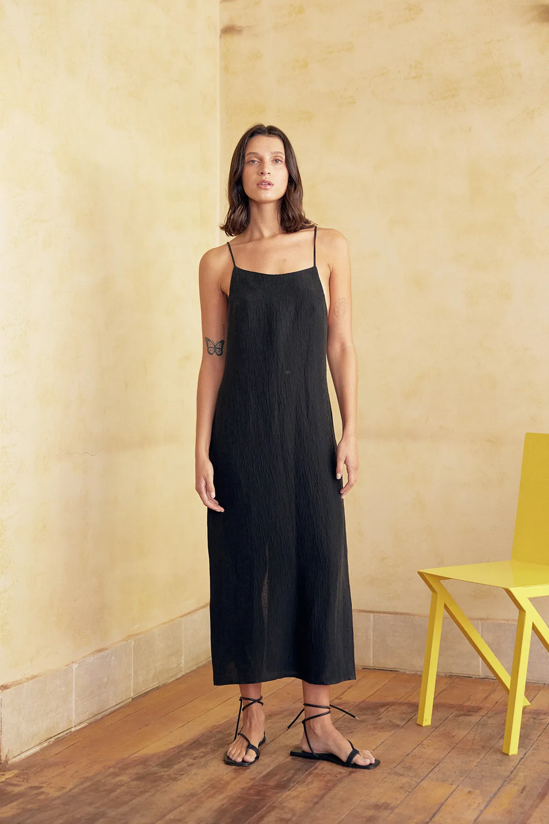 Textured Backless Dress Silk-Linen - Ónix