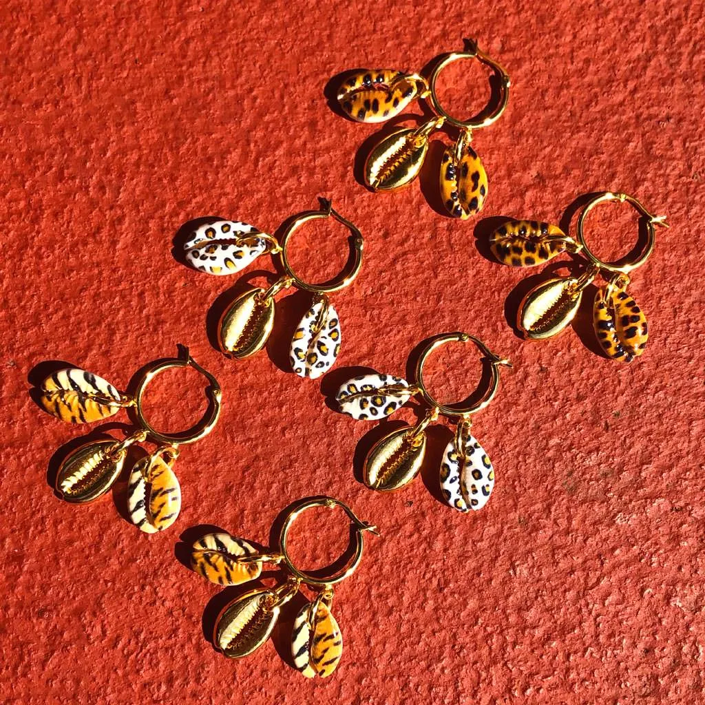 Tiger Print Midas Seashell Charm Trio Mini Hoop Earrings