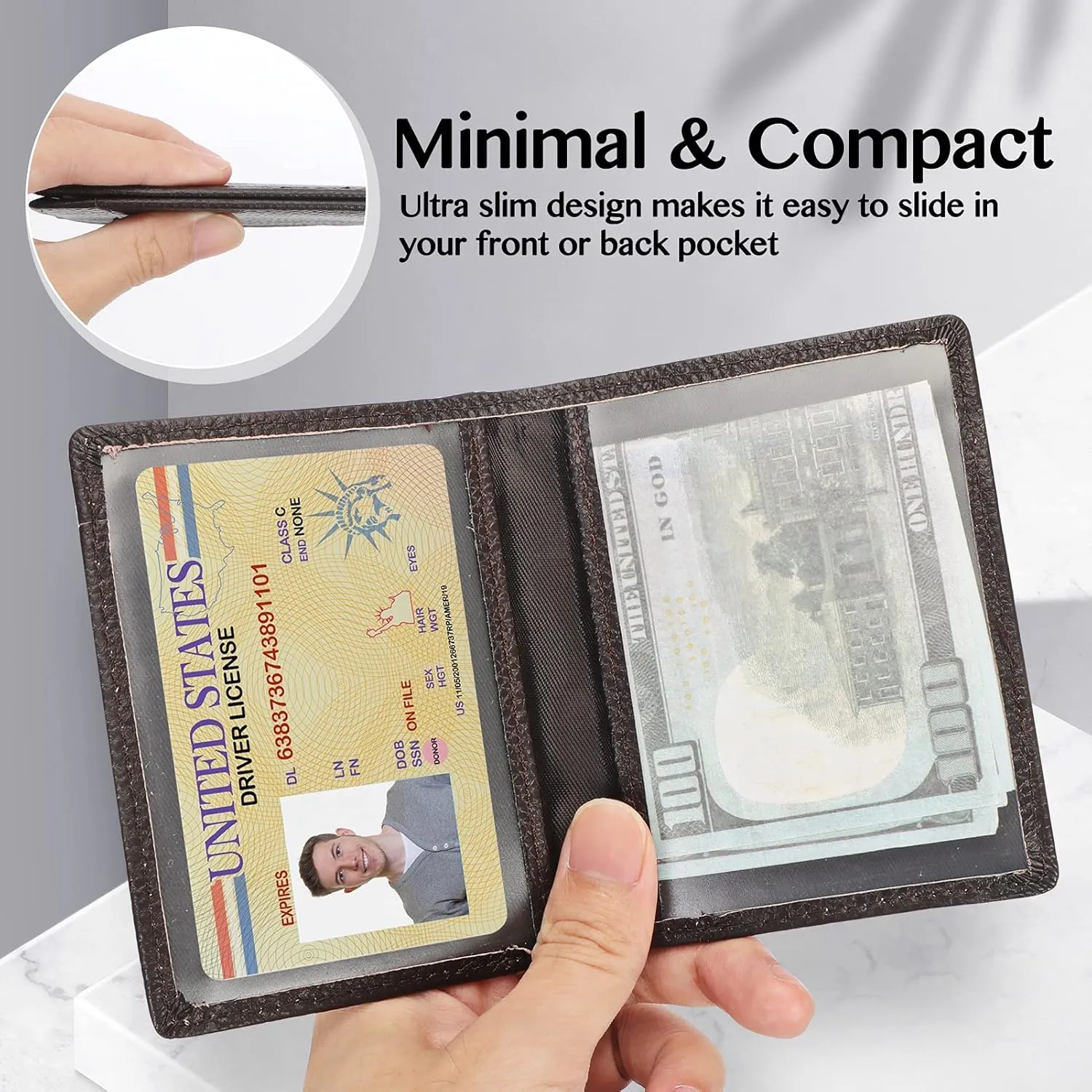 Unaone Slim Minimalist Wallet - Premium Leather RFID Blocking Front Pocket Wallets with 8 Card Slots and 2 ID Window, Dark Coffee