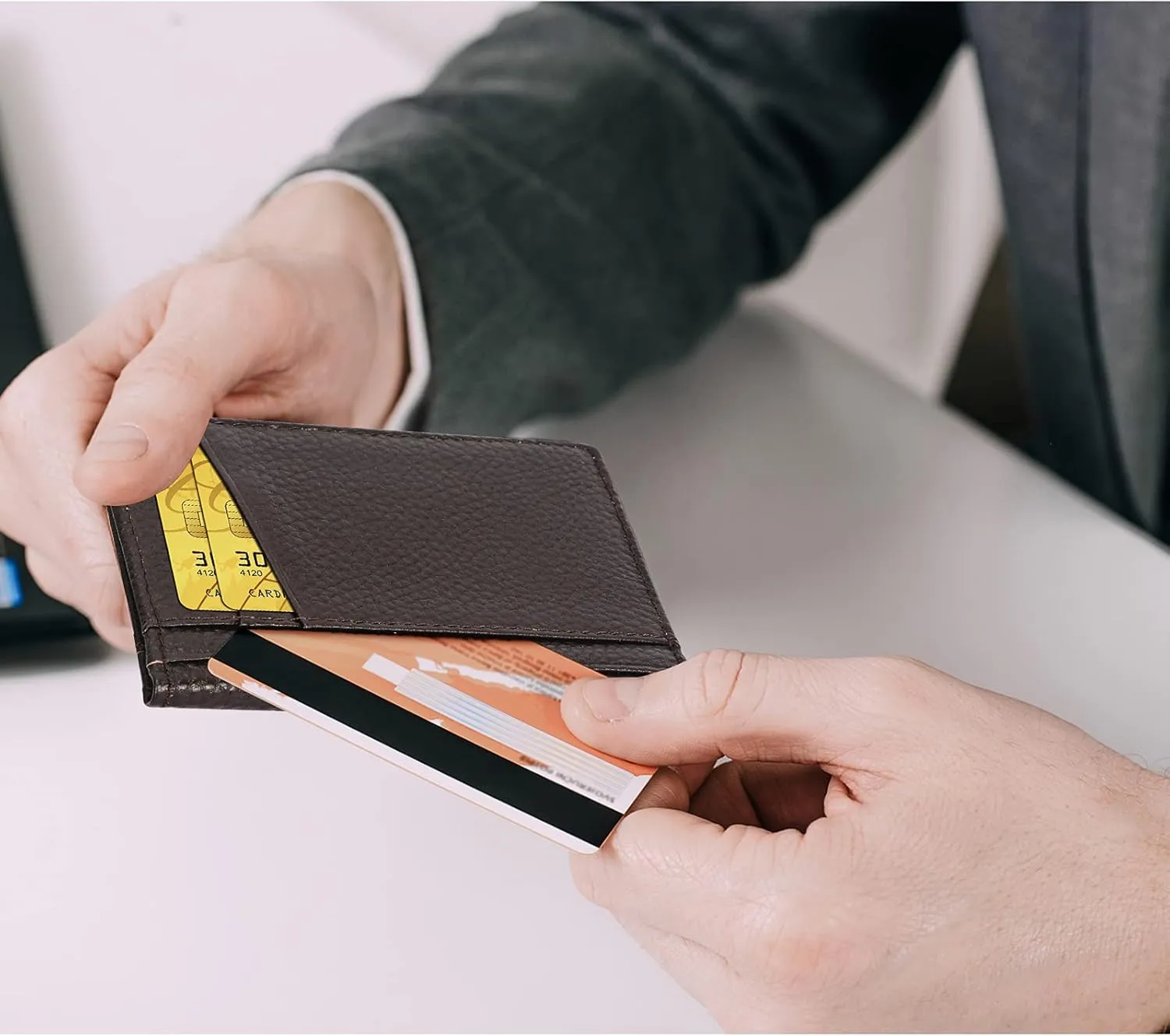 Unaone Slim Minimalist Wallet - Premium Leather RFID Blocking Front Pocket Wallets with 8 Card Slots and 2 ID Window, Dark Coffee