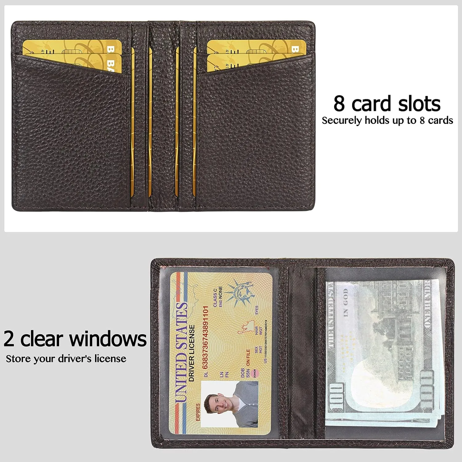 Unaone Slim Minimalist Wallet - Premium Leather RFID Blocking Front Pocket Wallets with 8 Card Slots and 2 ID Window, Dark Coffee