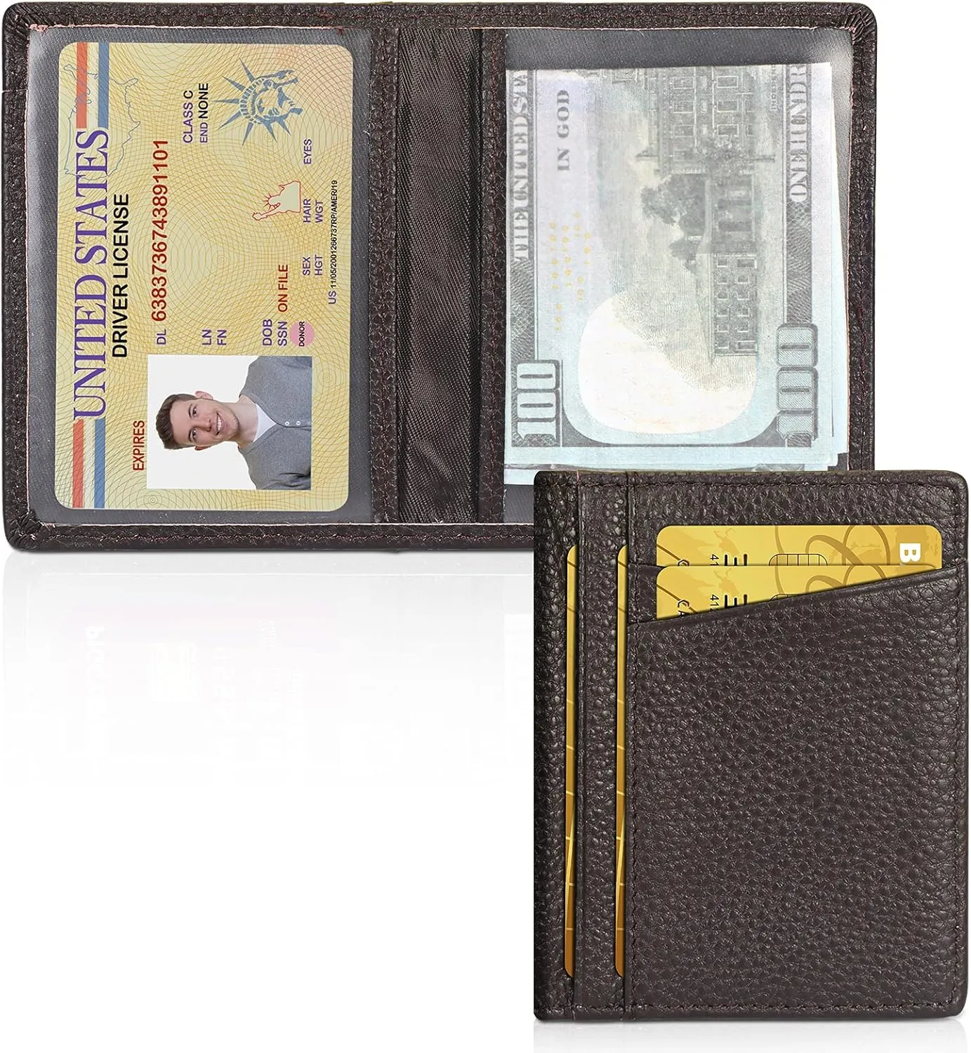 Unaone Slim Minimalist Wallet - Premium Leather RFID Blocking Front Pocket Wallets with 8 Card Slots and 2 ID Window, Dark Coffee