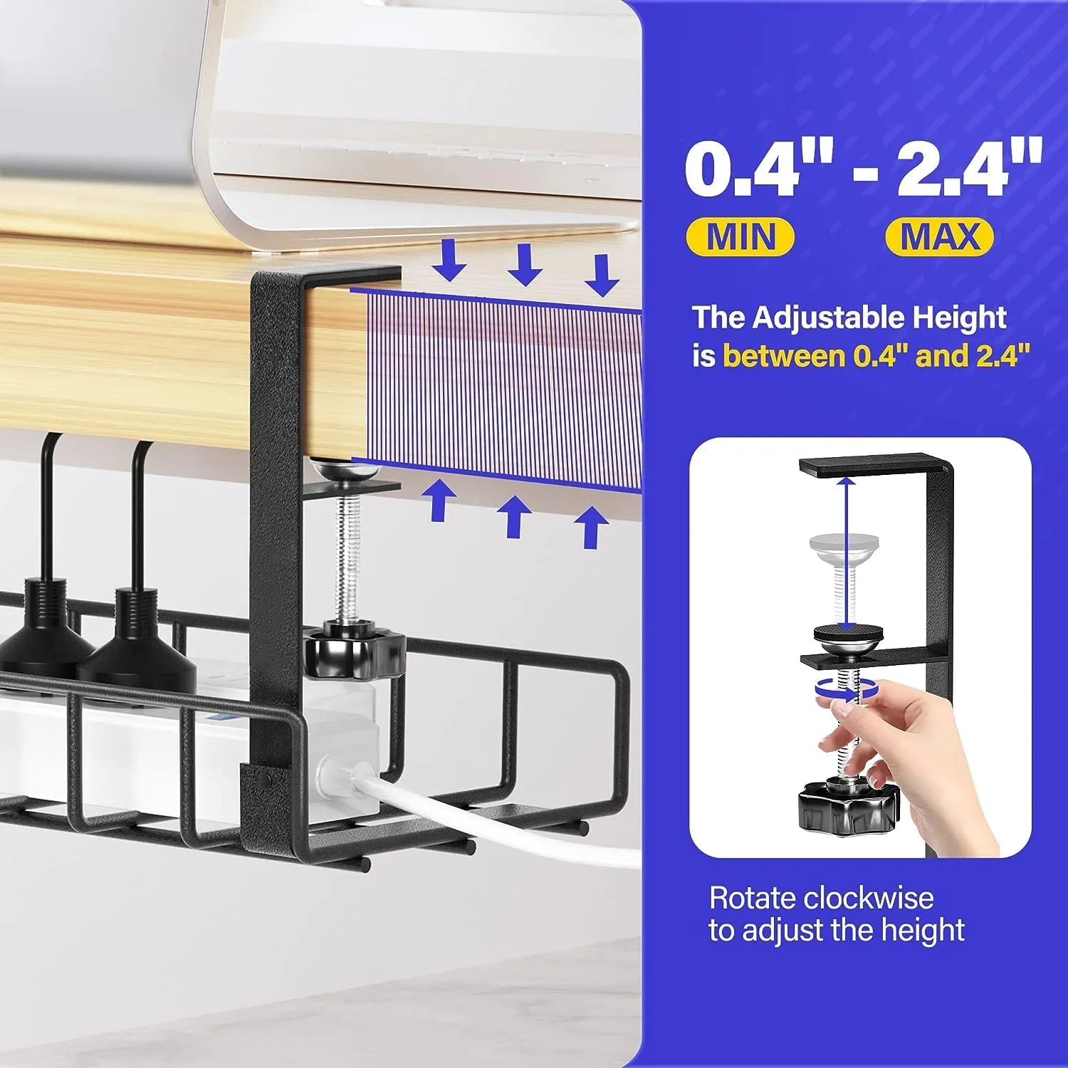 Under Desk Cable Management Tray, Xpatee Upgraded Wire Management No Drill No Screws, Cable Tray with Clamp for Wire Organizers, Computer Cord Rack for Office, Home - No Damage to Desk Black