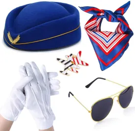 VASANA 5PCS Blue Airline Stewardess Costume Accessories Set Womens Flight Attendant Costume Accessories Cosplay Outfit for Adults Girls Cosplay Dress up Party