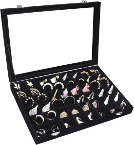 Velvet Jewelry Tray 48 Grid Jewelry Display Tray Organizer Box with Transparent Lid Rings Earrings Necklaces Pendants Display Box Suitable for Women and Girls (Black)