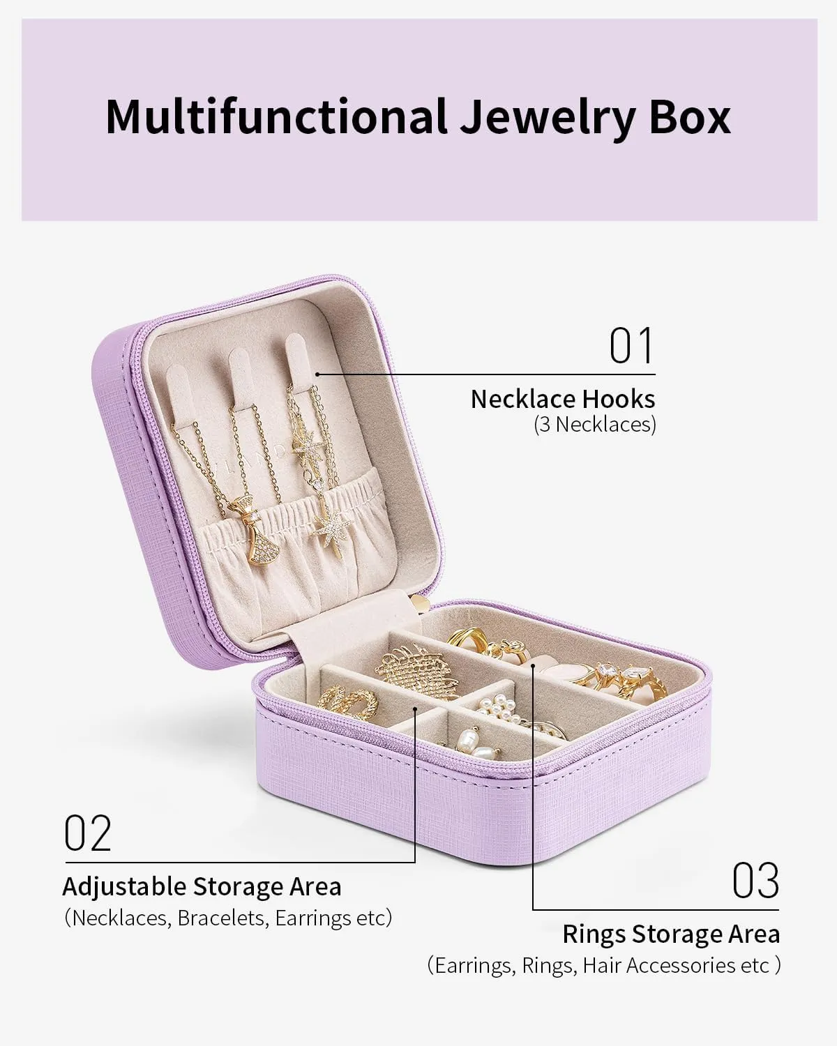 Vlando Small Travel Jewelry Box Organizer - Girls Women Gift Rings Earrings Necklaces Jewelry Storage Display Case Purple