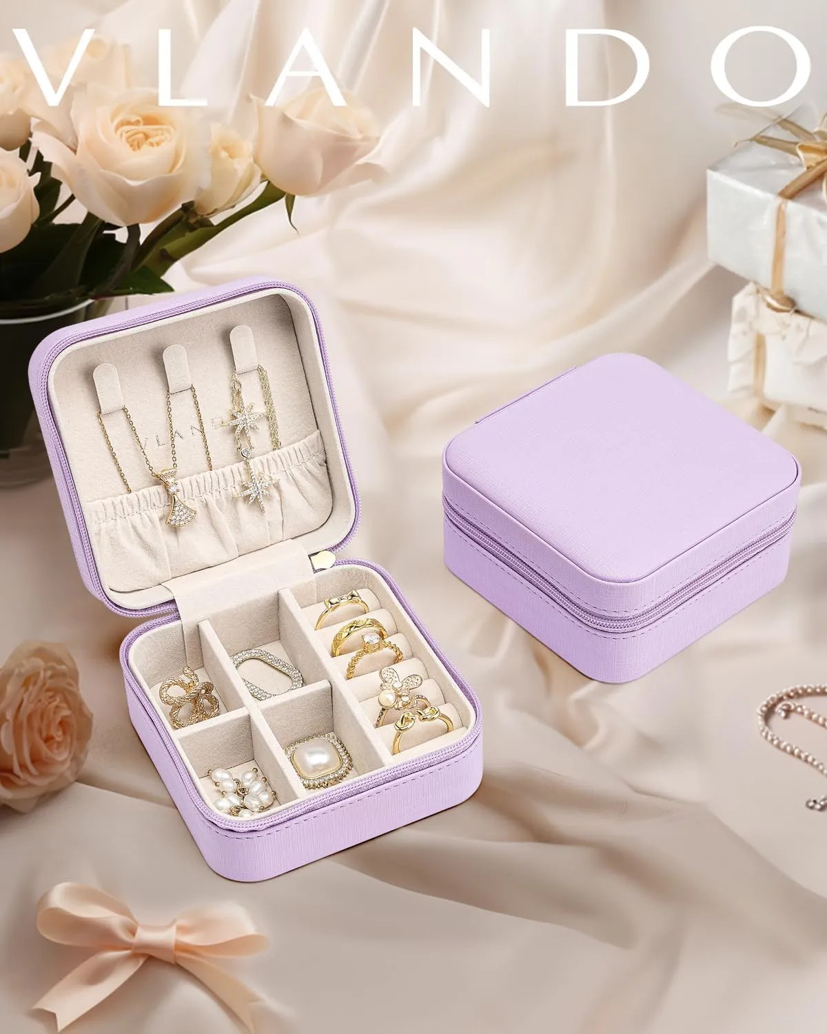 Vlando Small Travel Jewelry Box Organizer - Girls Women Gift Rings Earrings Necklaces Jewelry Storage Display Case Purple