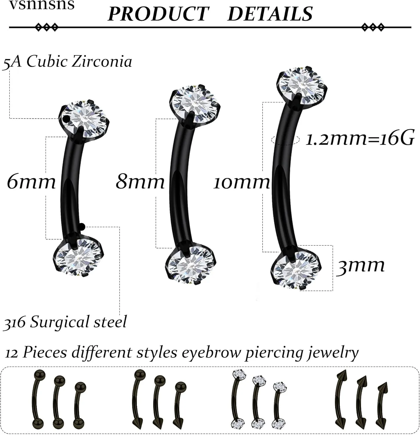 Vsnnsns Rook Daith Piercing Jewelry 16G Stainless Surgical Steel Curved Barbell Eyebrow Rings Vertical Labret Lip Piercing Jewelry Rook Daith Earrings for Women Men 6MM 8MM 10MM Hypoallergenic