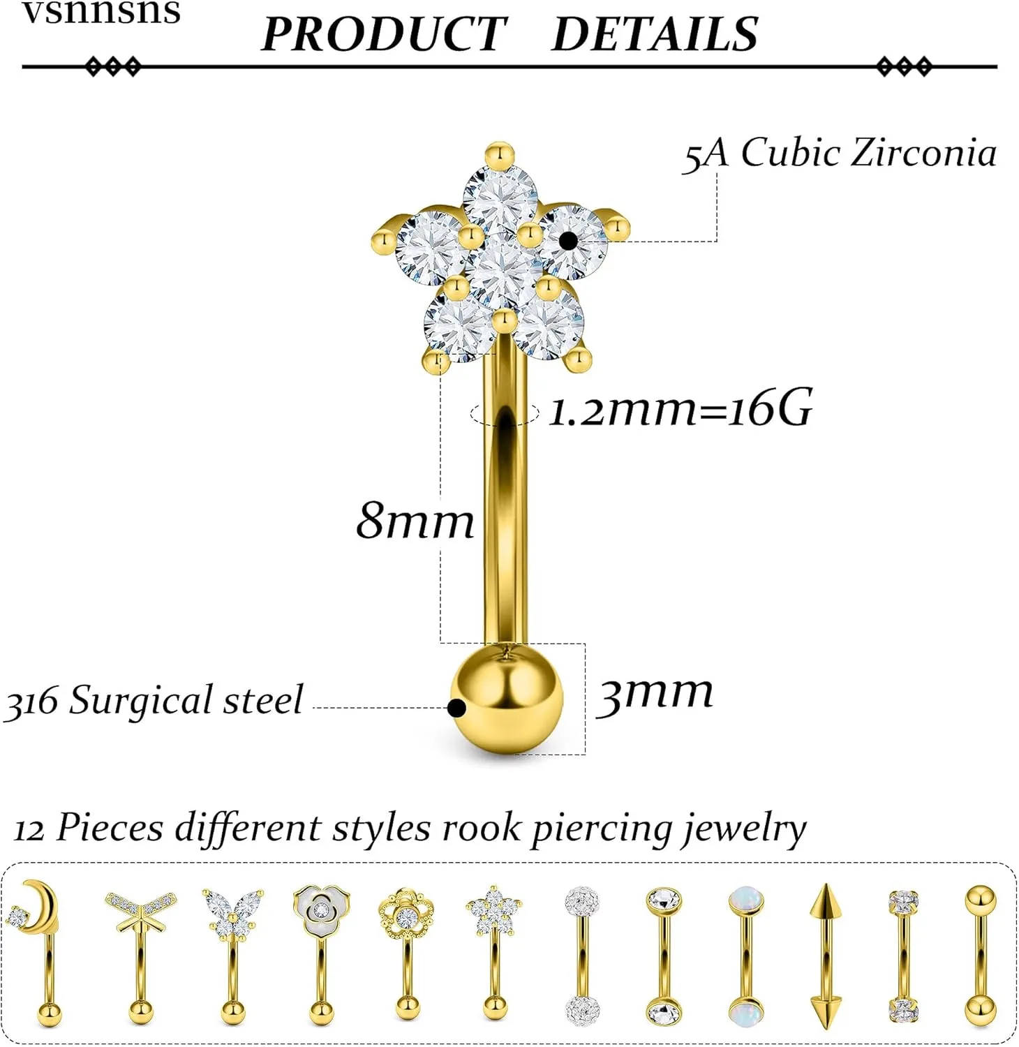 Vsnnsns Rook Daith Piercing Jewelry 16G Stainless Surgical Steel Curved Barbell Eyebrow Rings Vertical Labret Lip Piercing Jewelry Rook Daith Earrings for Women Men 6MM 8MM 10MM Hypoallergenic