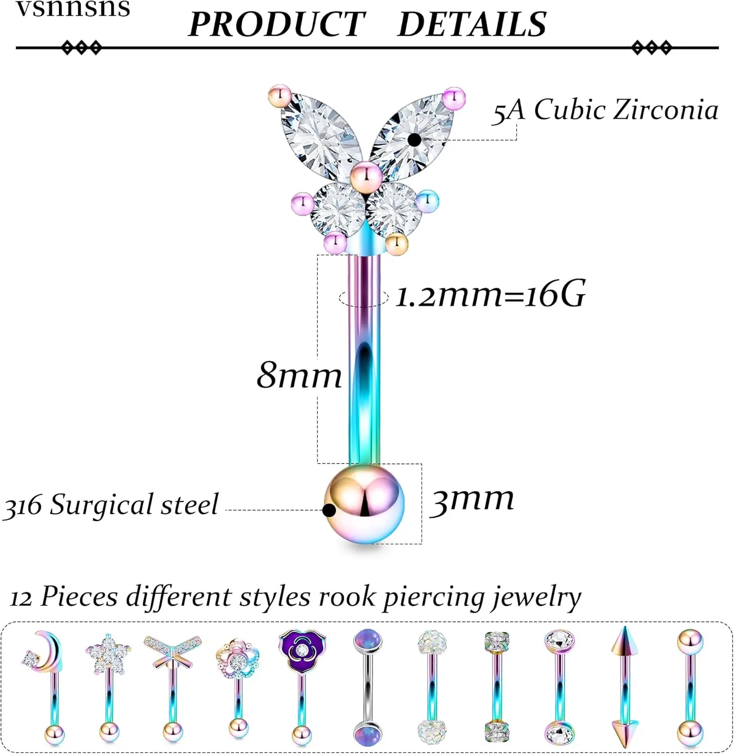 Vsnnsns Rook Daith Piercing Jewelry 16G Stainless Surgical Steel Curved Barbell Eyebrow Rings Vertical Labret Lip Piercing Jewelry Rook Daith Earrings for Women Men 6MM 8MM 10MM Hypoallergenic