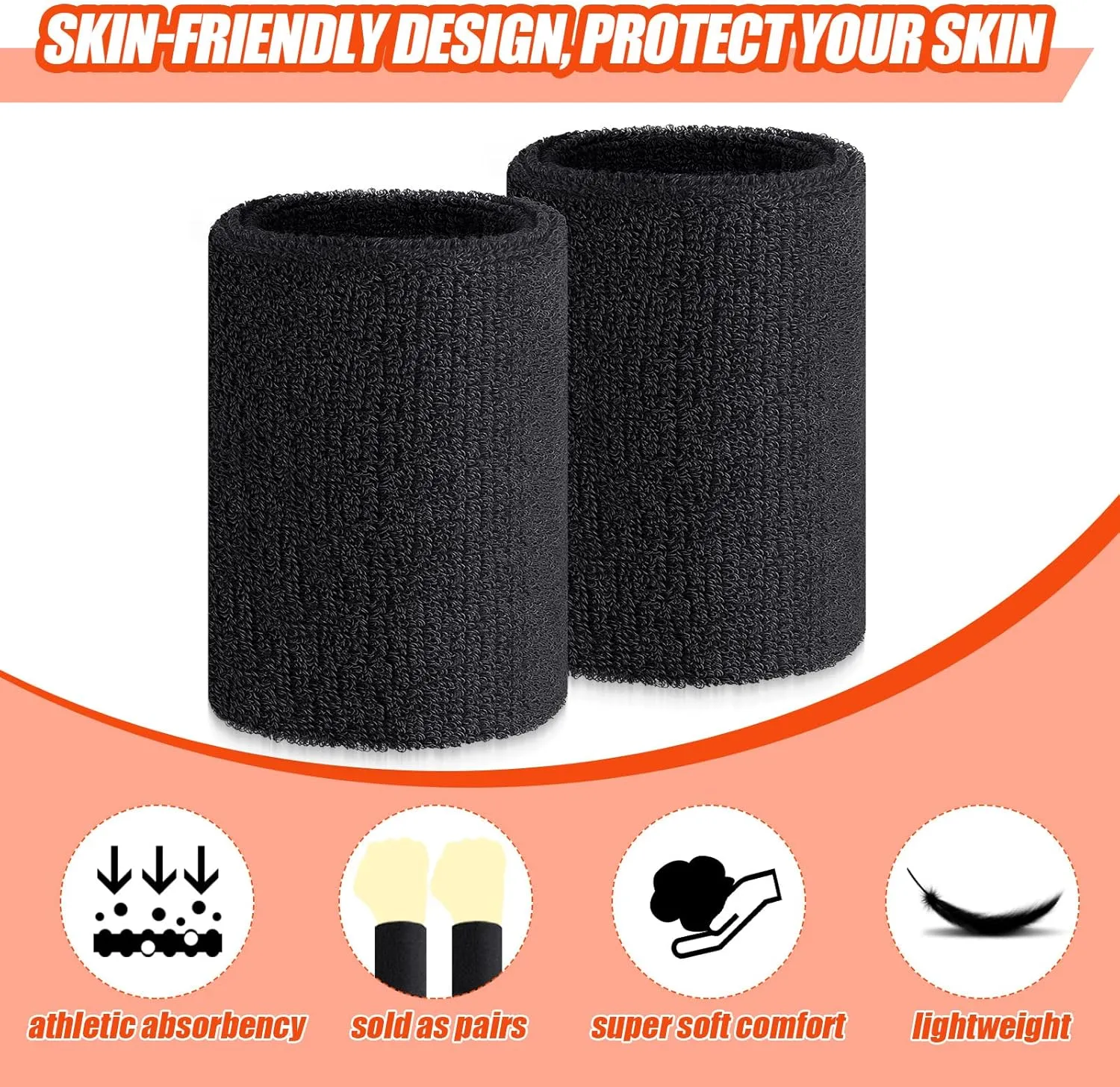 Wettarn 6 Pcs 4 Inch Wrist Sweatbands Tennis & Gymnastics Wristbands for Grips & Sport Cotton Elastic Thick Wrist Bands for Tennis & Football