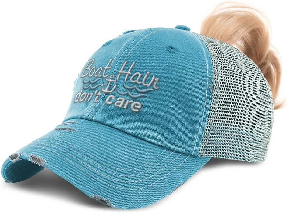 Womens Ponytail Cap Boat Hair Don't Care Style B Yacht Distressed Trucker Caps