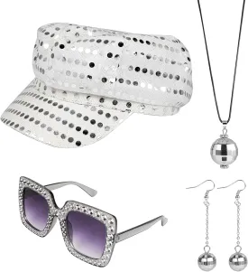 XEPST 4 PCS 1970s Disco Accessories,70s Disco Costume Accessories Set with Sequin Hat Silver Earrings Sunglasses Necklace Disco Fancy Dress Kit for Women Retro 70 80 Theme Party Party Birthday Dance