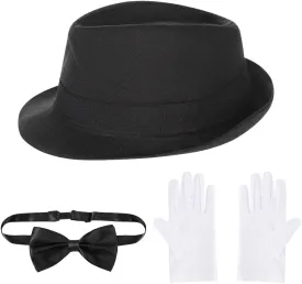 XGOPTS Kids Accessories Jazz Hat, White Gloves, Black Pre Tied Bow Tie Collar Roaring 20s Set Fedora Gangster Manhattan Hat