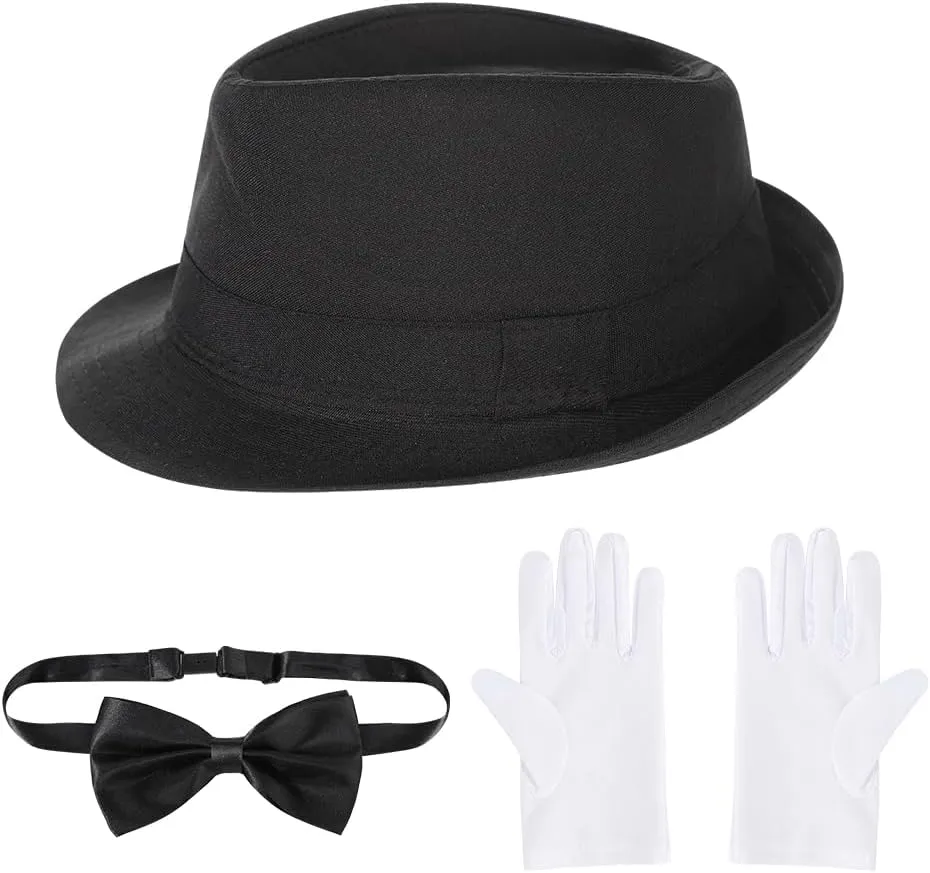 XGOPTS Kids Accessories Jazz Hat, White Gloves, Black Pre Tied Bow Tie Collar Roaring 20s Set Fedora Gangster Manhattan Hat